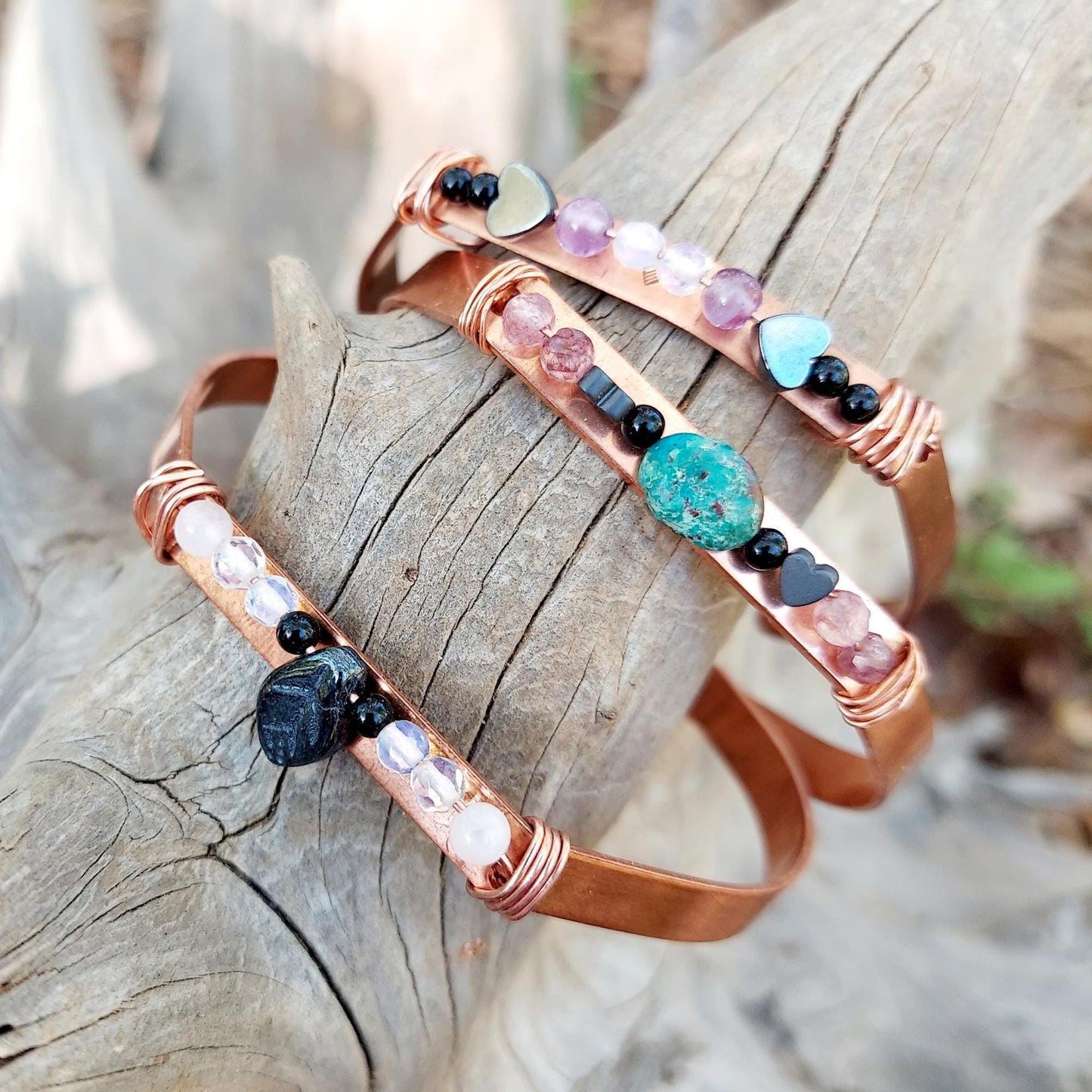 copper handmade chrysocolla cuff bracelet: amazonite, chrysocolla & moss agate, birthday gift for friend or sister