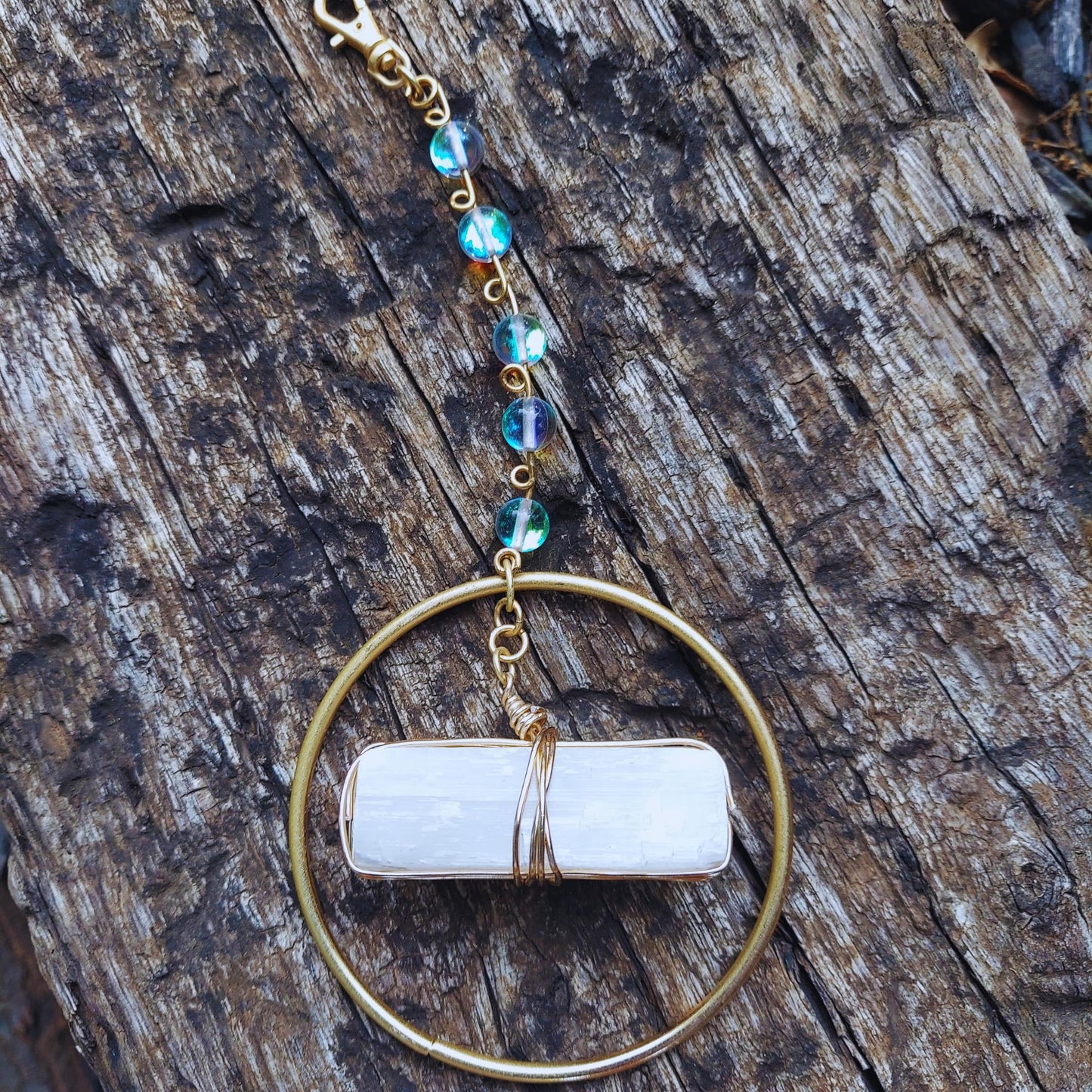 birthday gift for sister: selenite aura quartz suncatcher with crystals, home decor wind chime