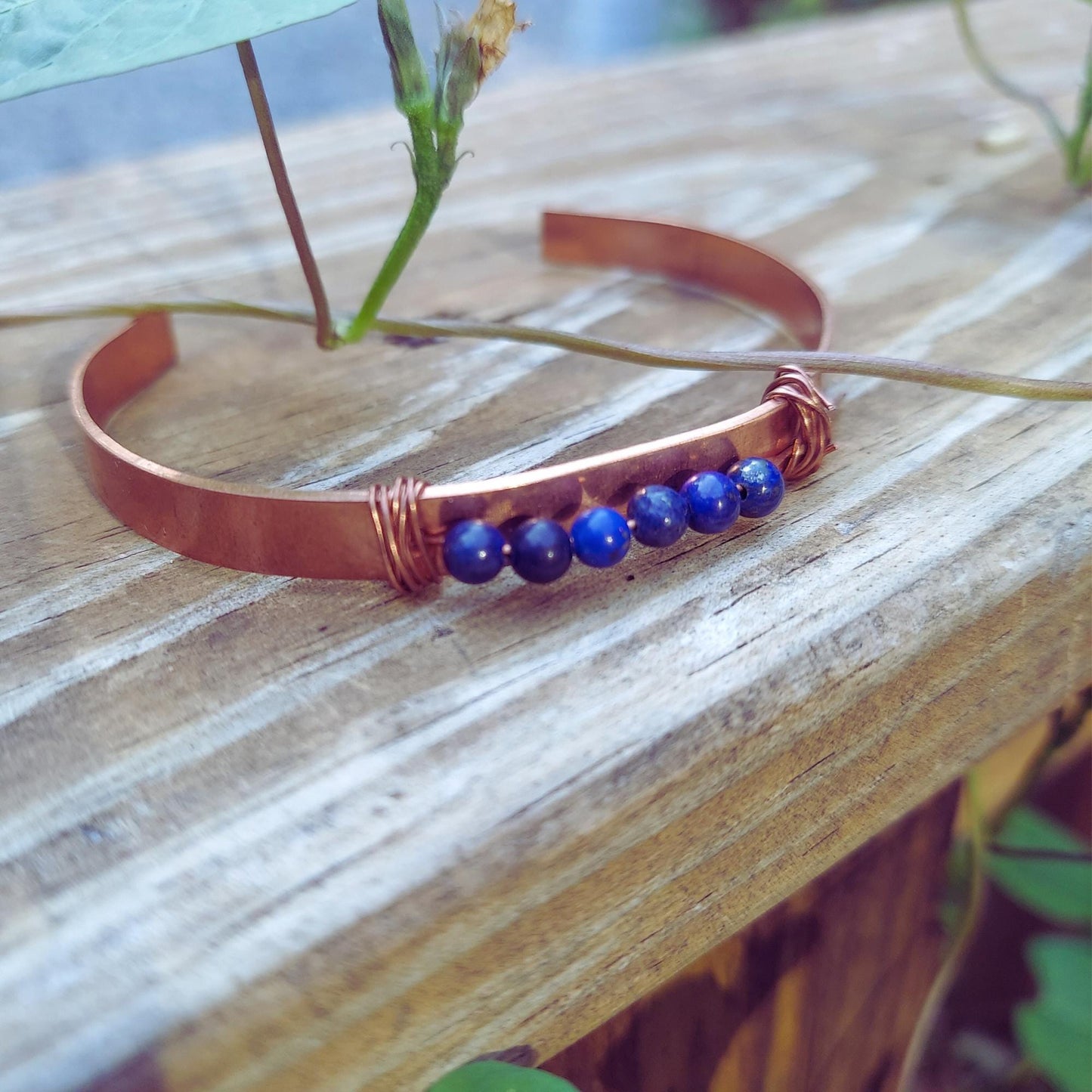 copper cuff bracelet with lapis lazuli gemstones: handmade wisdom, intuition, truth jewelry
