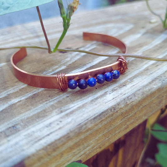 copper cuff bracelet with lapis lazuli gemstones: handmade wisdom, intuition, truth jewelry