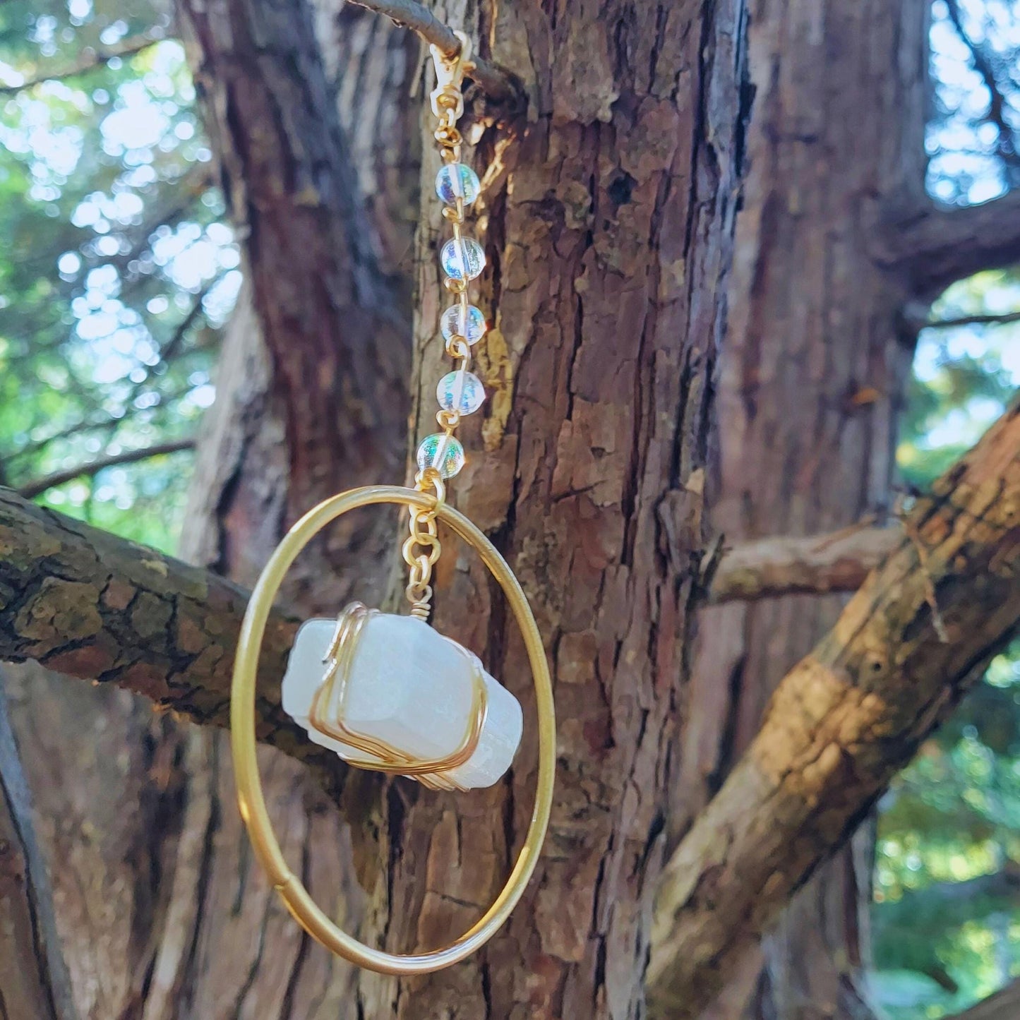 birthday gift for sister: selenite aura quartz suncatcher with crystals, home decor wind chime
