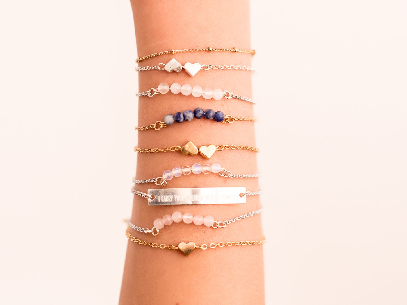 Stainless Steel Rose Quartz Minimalist Bracelet: Gemstone Necklace. Choker. Anklet. Handmade Jewelry