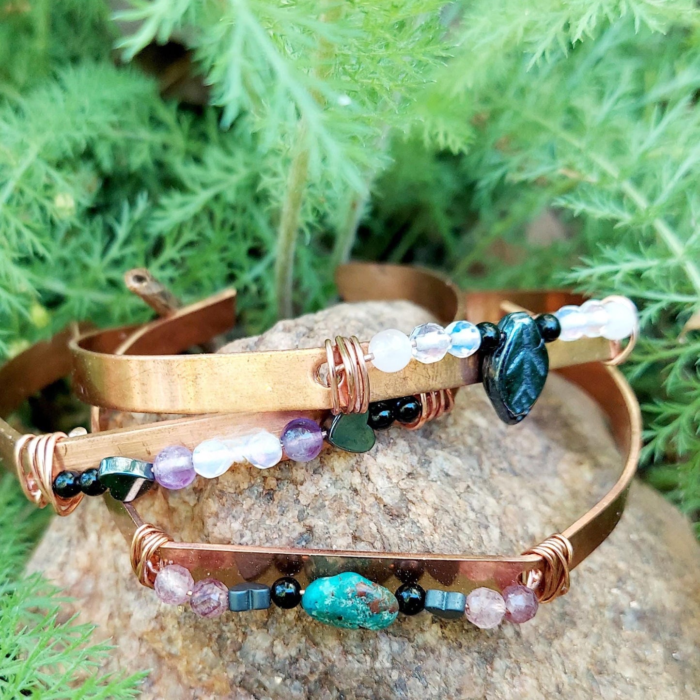 copper handmade chrysocolla cuff bracelet: amazonite, chrysocolla & moss agate, birthday gift for friend or sister