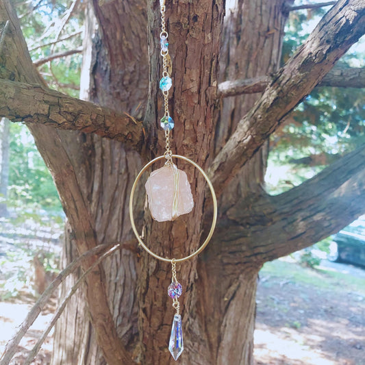 rose quartz suncatcher: crystal wind chime, boho home decor, birthday gift for her