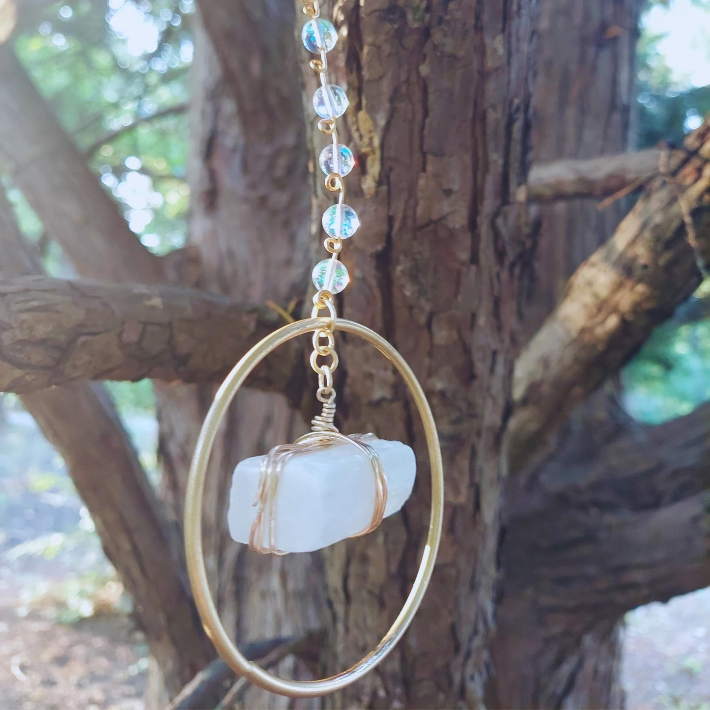birthday gift for sister: selenite aura quartz suncatcher with crystals, home decor wind chime