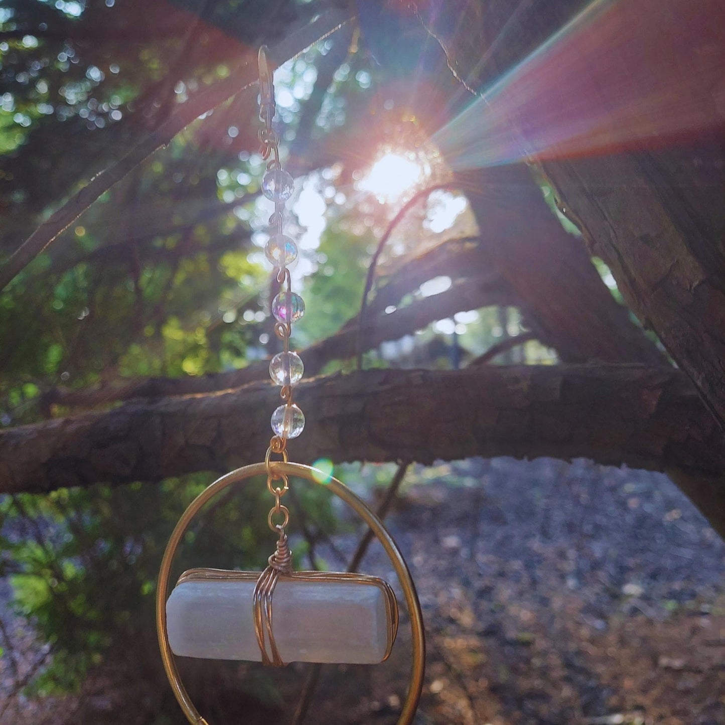 birthday gift for sister: selenite aura quartz suncatcher with crystals, home decor wind chime