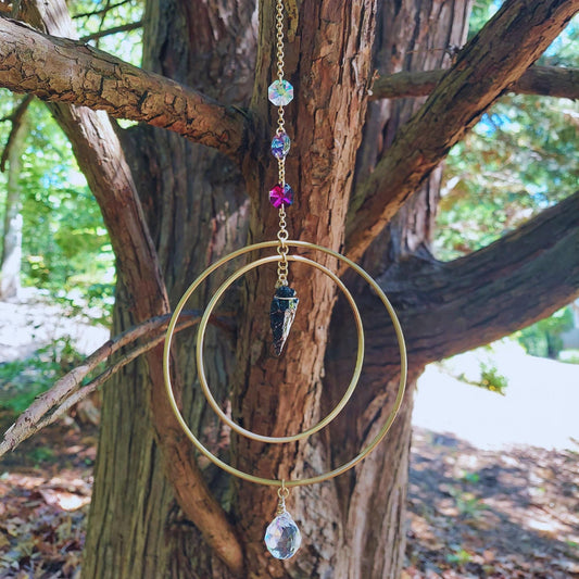 obsidian suncatcher gift for friend: crystal prism windchime, boho home decor