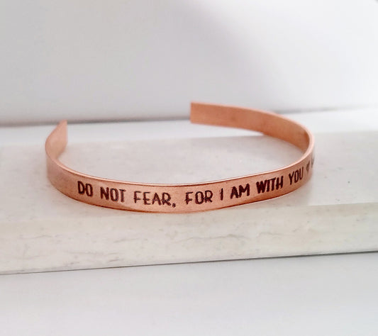Bible verse gift for mom: handmade copper cuff bracelet engraved with Isaiah 41, personalized jewelry