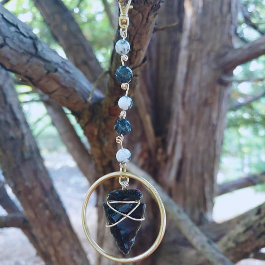 Obsidian Arrowhead Suncatcher: Labradorite & Howlite Crystal Prism Wind Chime