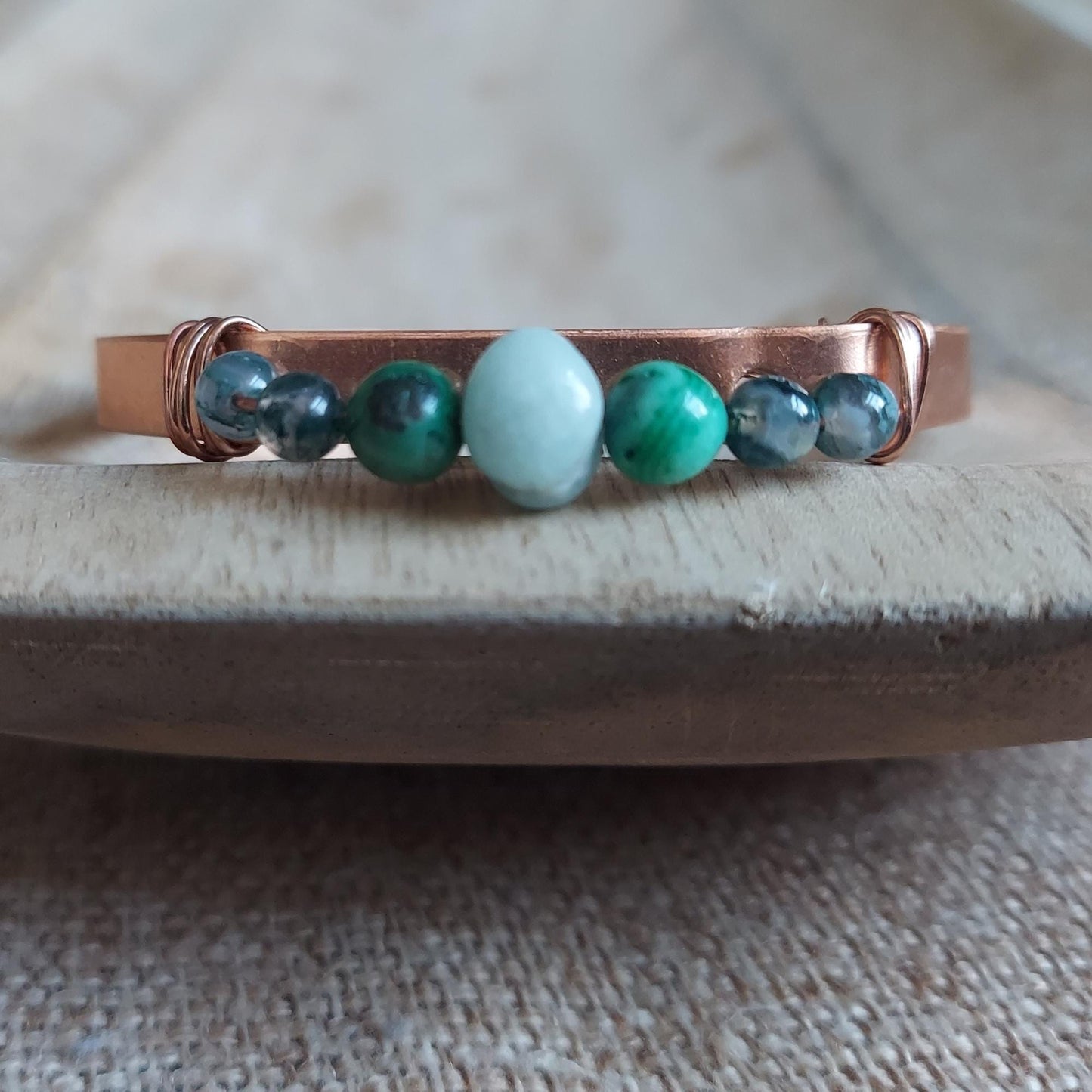 copper handmade chrysocolla cuff bracelet: amazonite, chrysocolla & moss agate, birthday gift for friend or sister