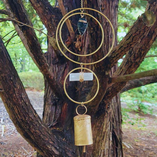 windchime housewarming or birthday gift for her: suncatcher with obsidian, selenite and bell amulet for protection