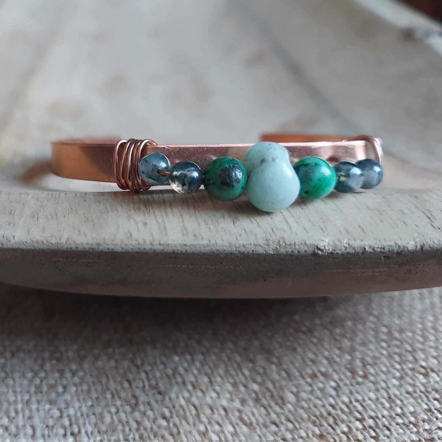 copper handmade chrysocolla cuff bracelet: amazonite, chrysocolla & moss agate, birthday gift for friend or sister