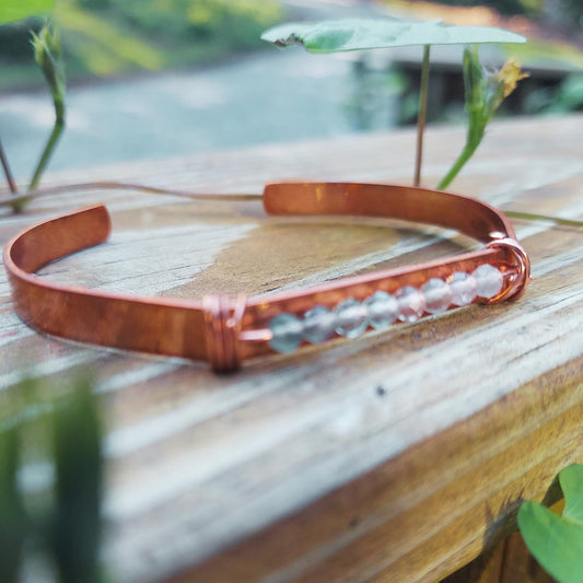 Boho Copper Fluorite Gemstone Cuff Bracelet: Adjustable Crystal Jewelry