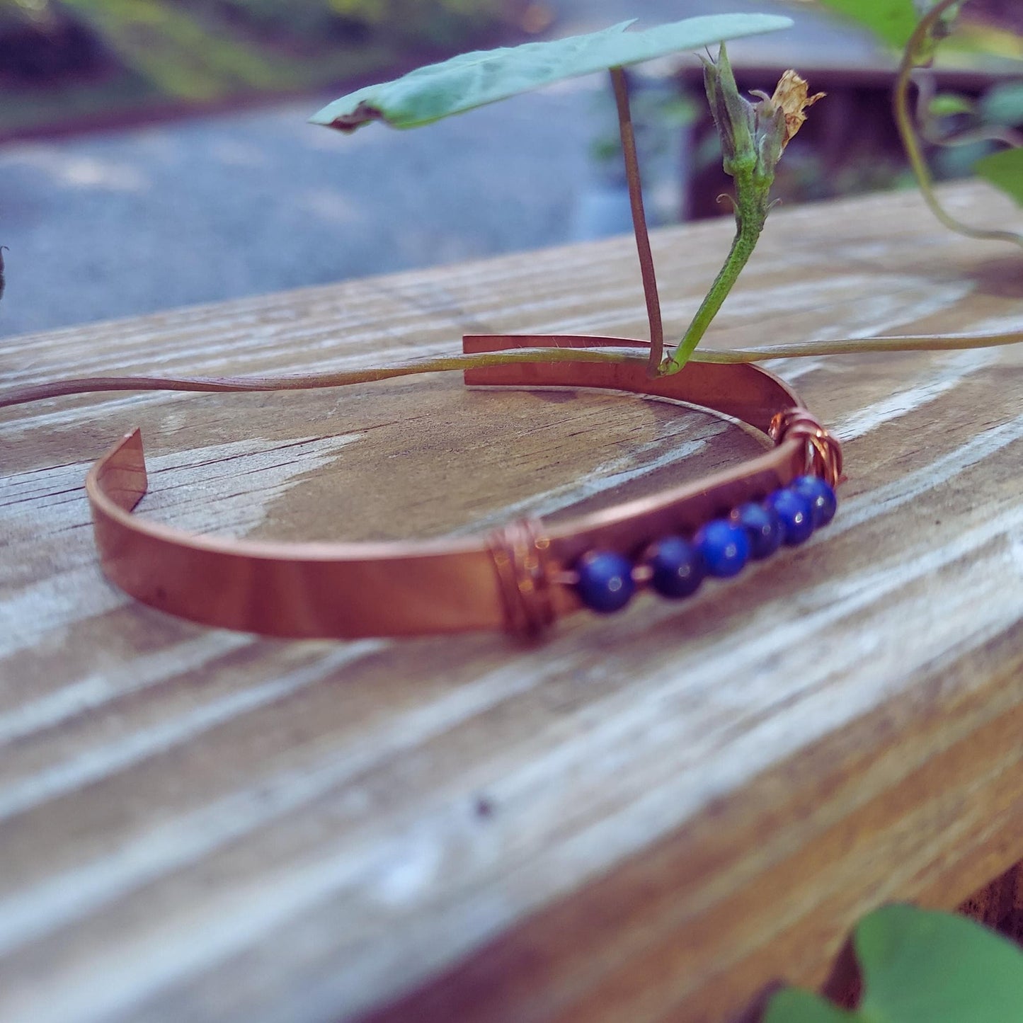 copper cuff bracelet with lapis lazuli gemstones: handmade wisdom, intuition, truth jewelry