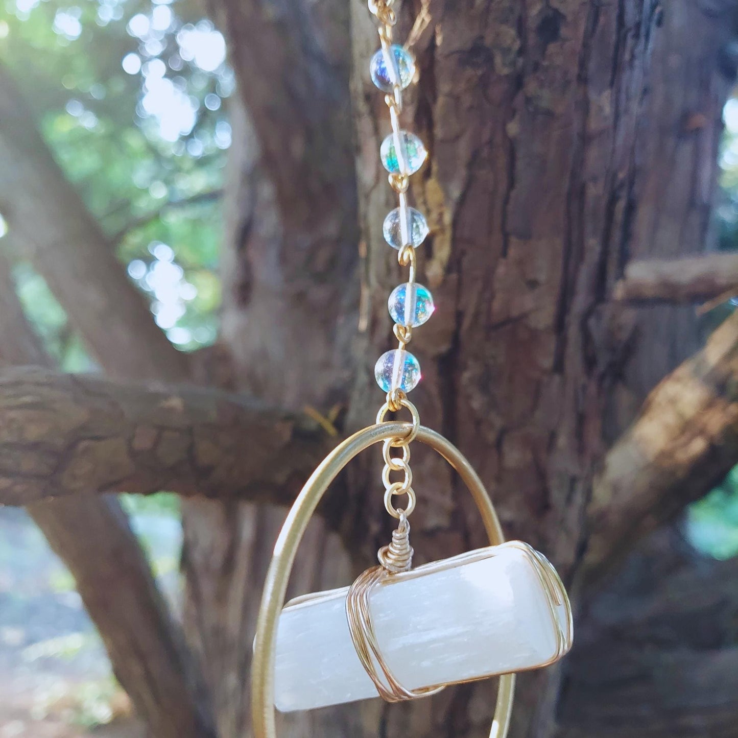 birthday gift for sister: selenite aura quartz suncatcher with crystals, home decor wind chime