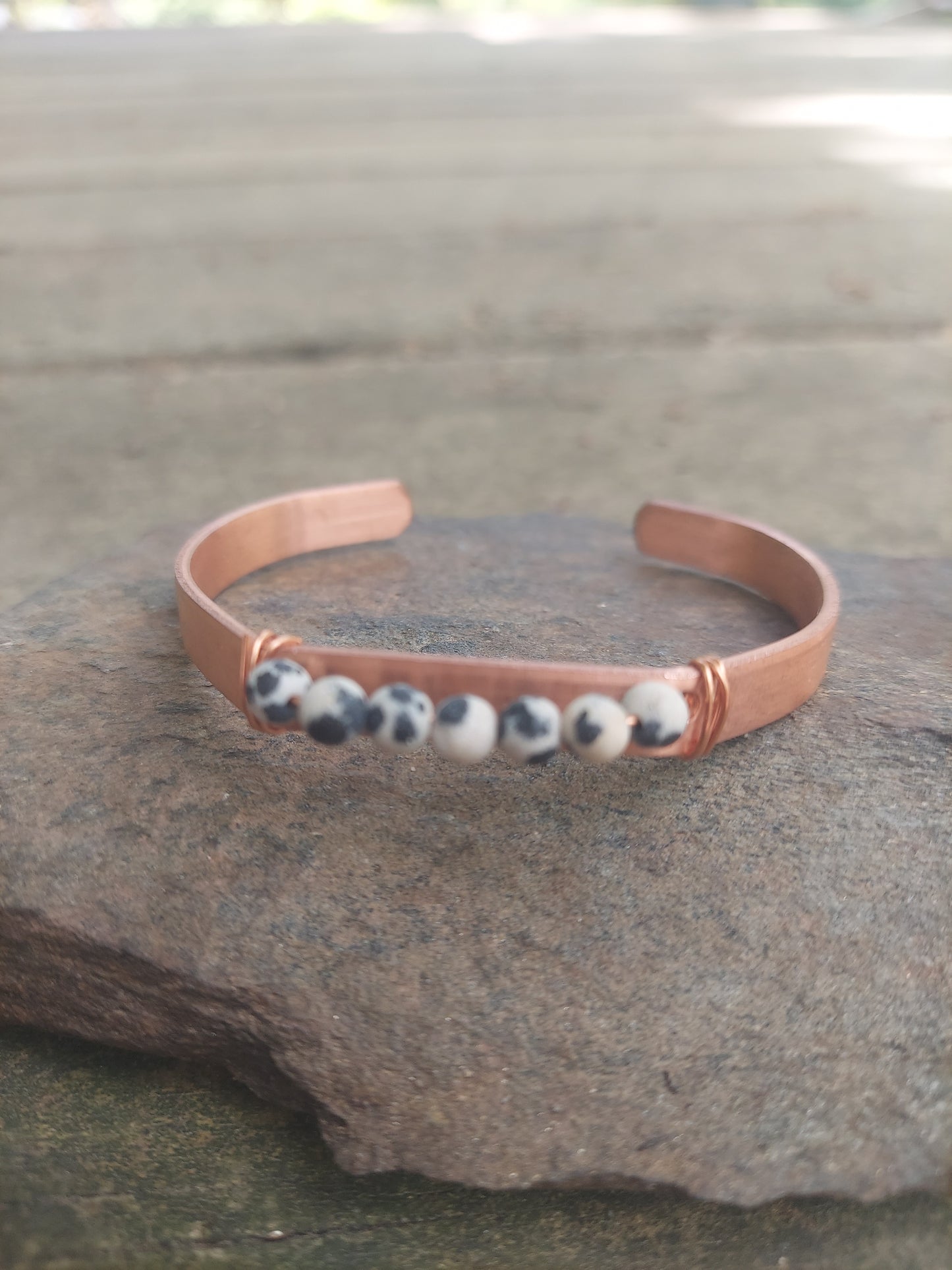 handmade copper + dalmation jasper cuff bracelet: meditation, self-care gift, protection, anxiety jewelry