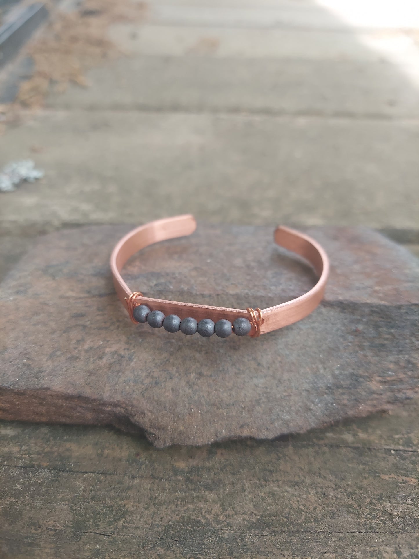 handmade copper + hematite cuff bracelet: meditation, self-care gift, protection, anxiety jewelry