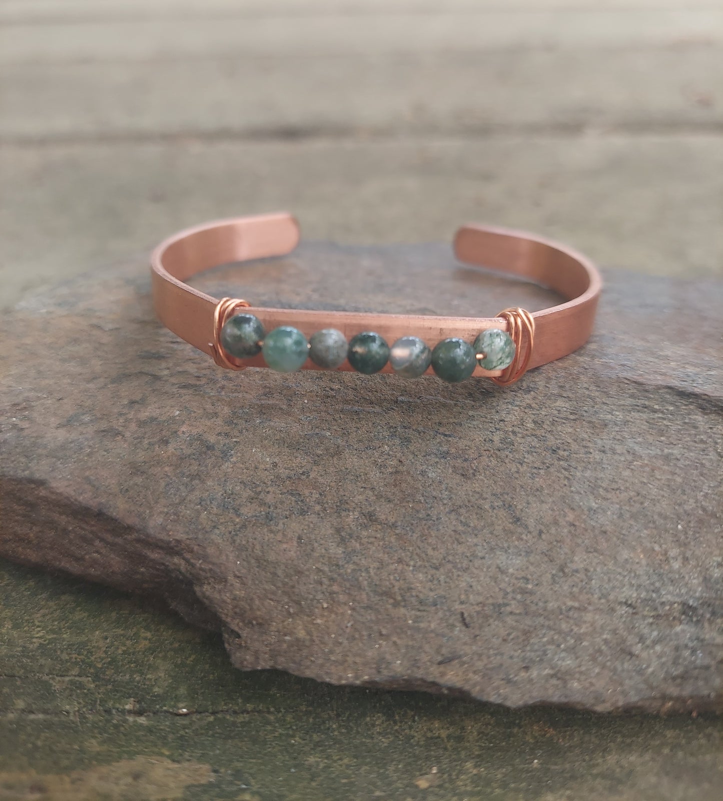 handmade copper + moss agate cuff bracelet: meditation, self-care gift, protection, anxiety jewelry