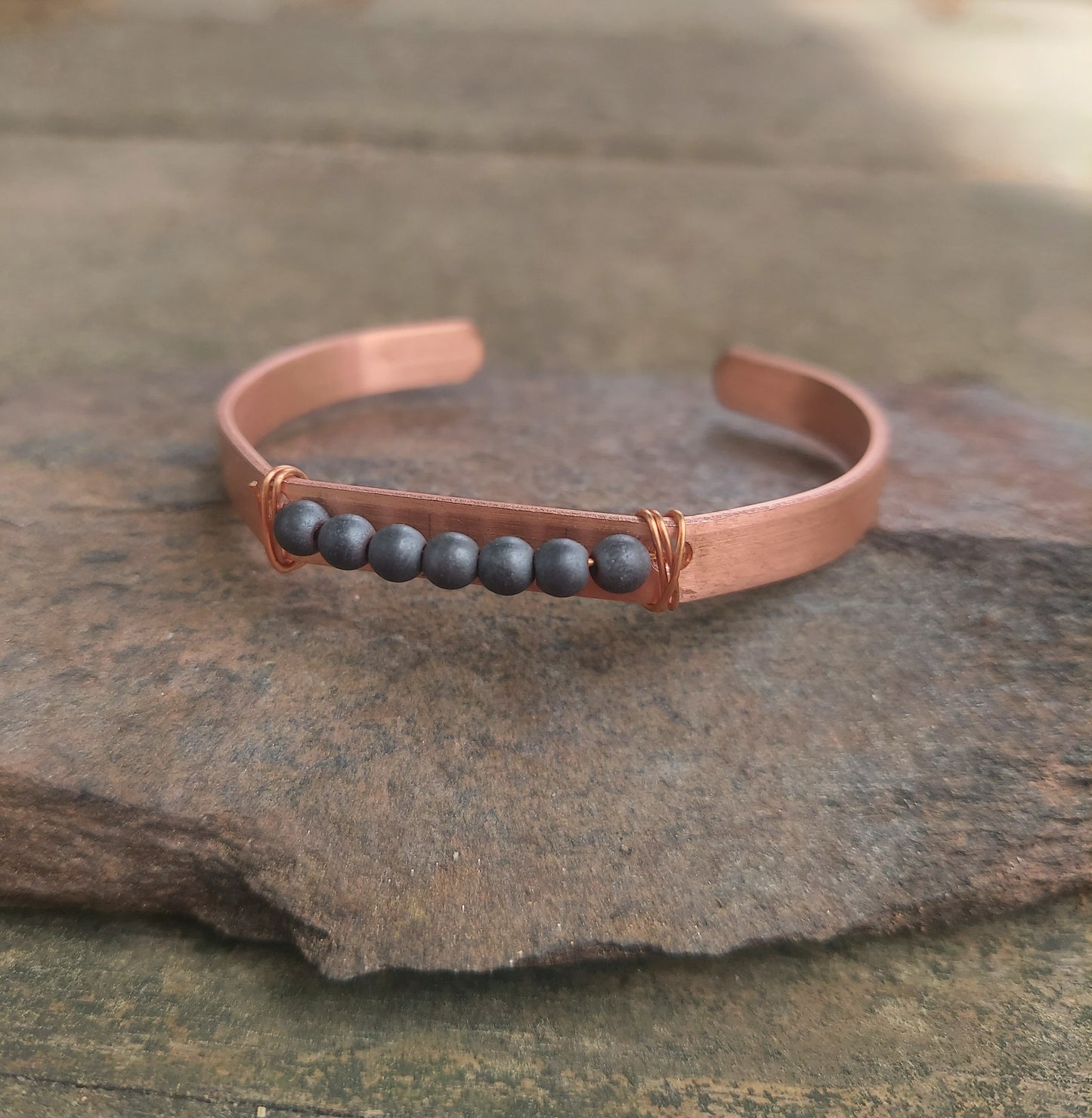handmade copper + hematite cuff bracelet: meditation, self-care gift, protection, anxiety jewelry