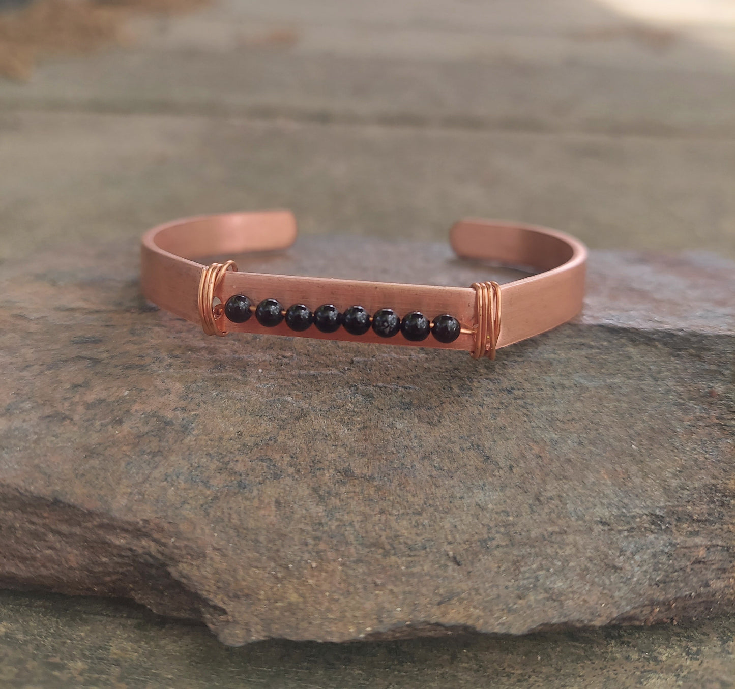 handmade copper + onyx cuff bracelet: meditation, self-care gift, protection, anxiety jewelry