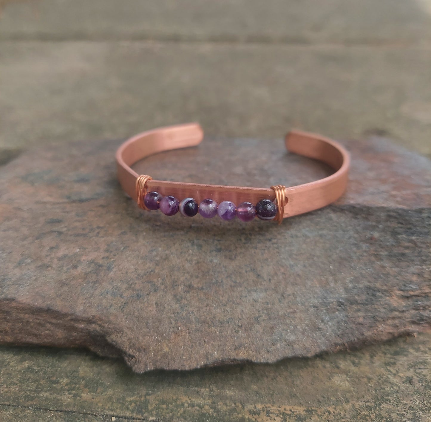 handmade copper + amethyst cuff bracelet: meditation, self-care gift, protection, anxiety jewelry
