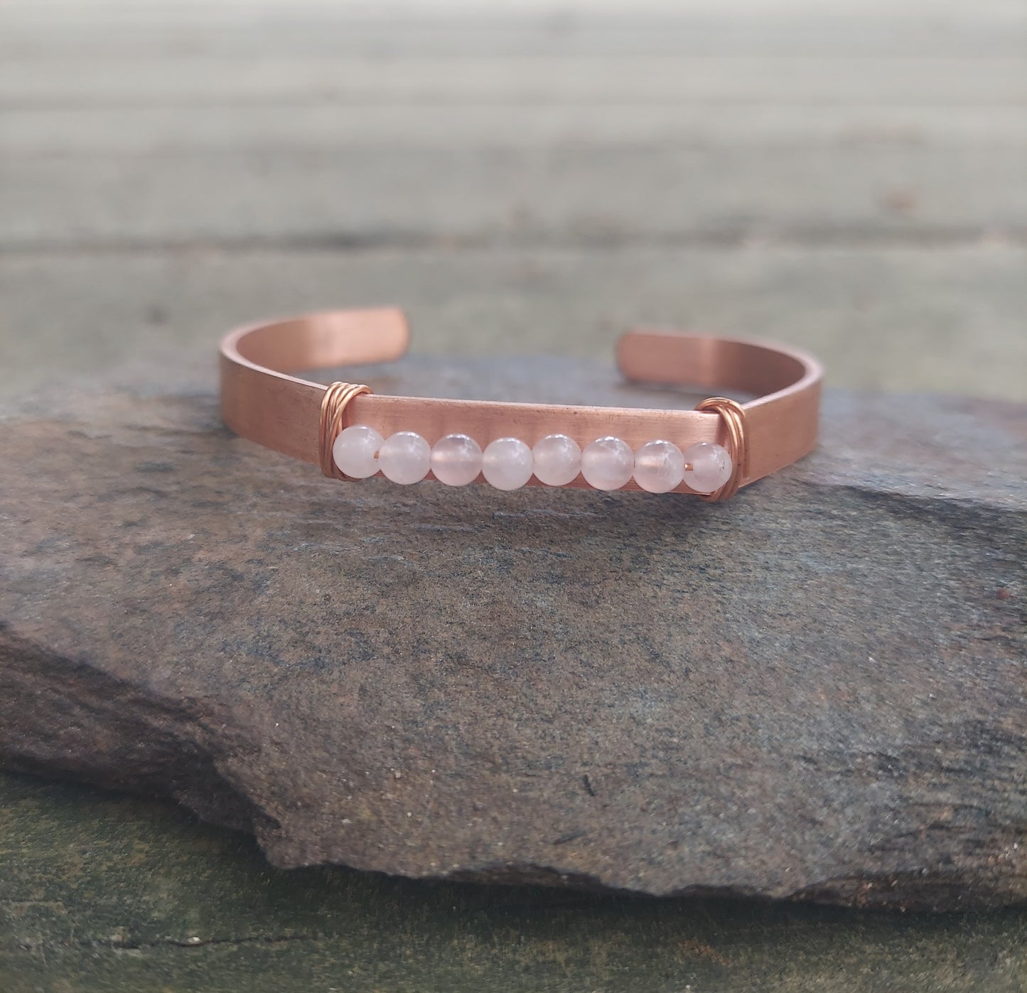 handmade copper + rose quartz cuff bracelet: meditation, self-care gift, protection, anxiety jewelry
